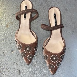 Zara Suede Embroidered Kitten Heels